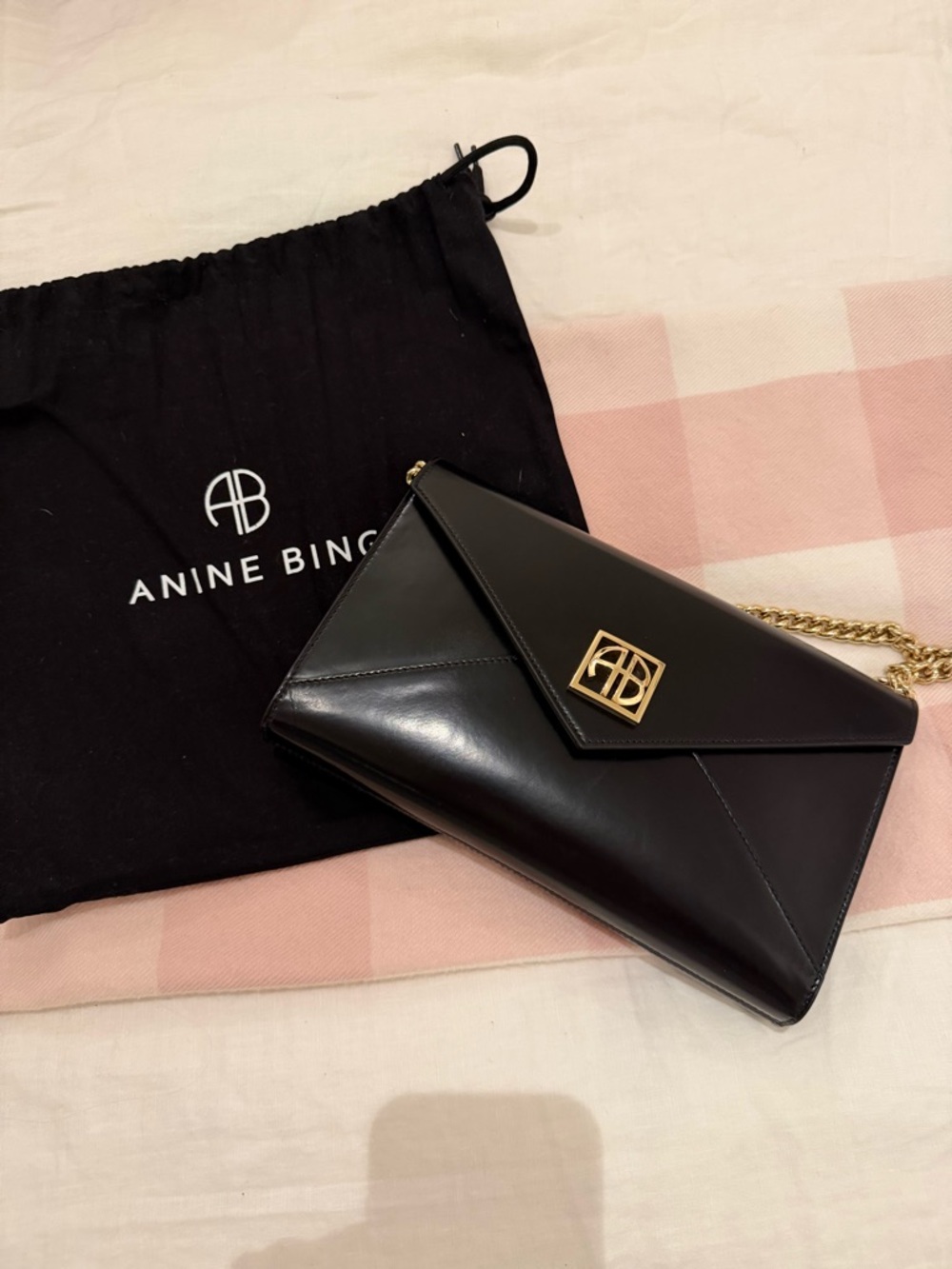 Anine Bing Black Leather Envelope Clutch with Gold Logo Accent